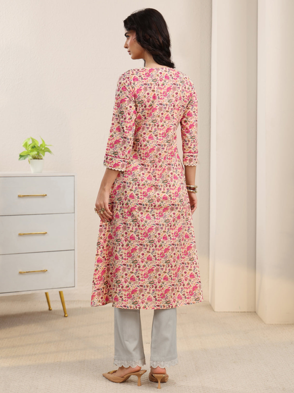 Mameraa Beige Floral Printed Cotton A-Line Kurta