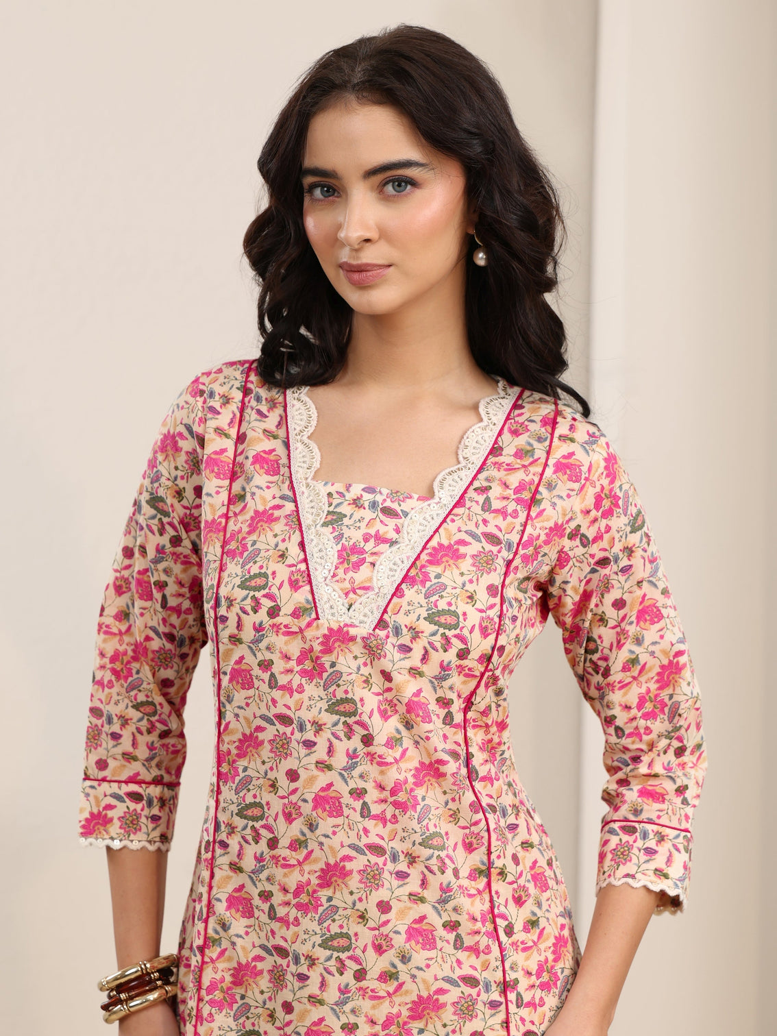 Mameraa Beige Floral Printed Cotton A-Line Kurta