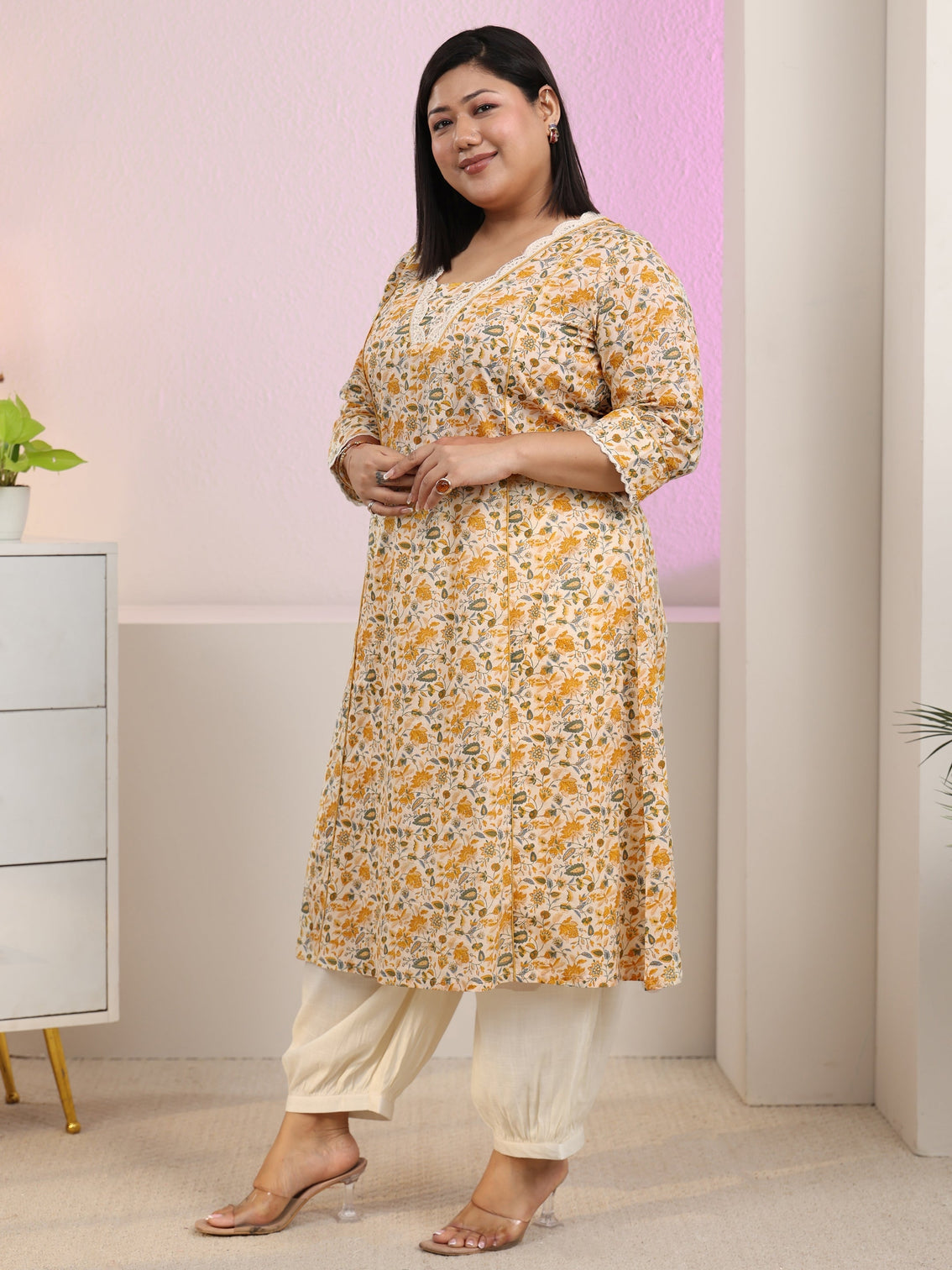Plus Size Beige floral printed panelled a-line kurta with pocket