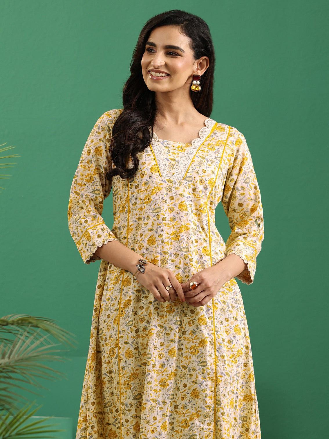 Mameraa Beige Floral Printed Cotton A-Line Kurta