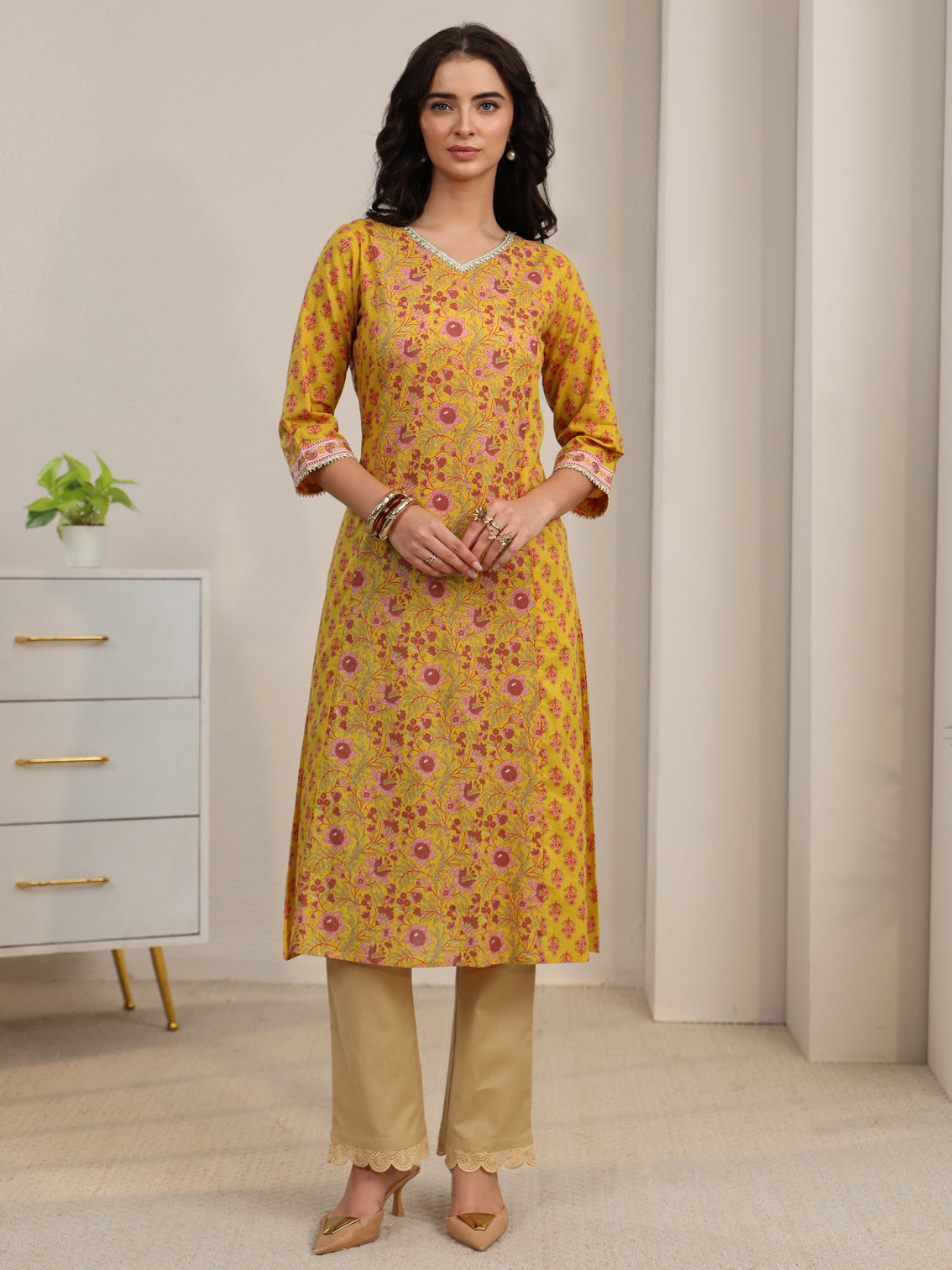 Mameraa Sunshine Yellow Floral Printed Cotton A-Line Kurta
