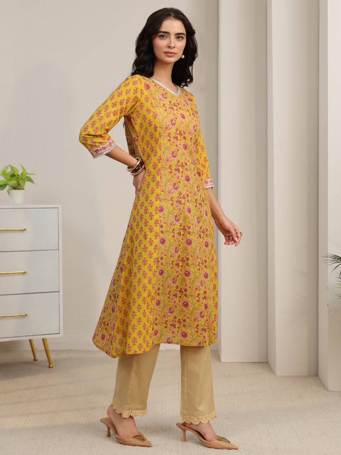 Mameraa Sunshine Yellow Floral Printed Cotton A-Line Kurta