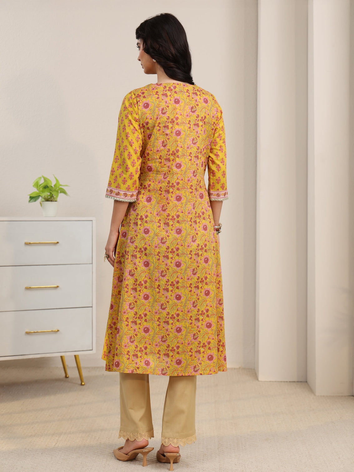 Mameraa Sunshine Yellow Floral Printed Cotton A-Line Kurta