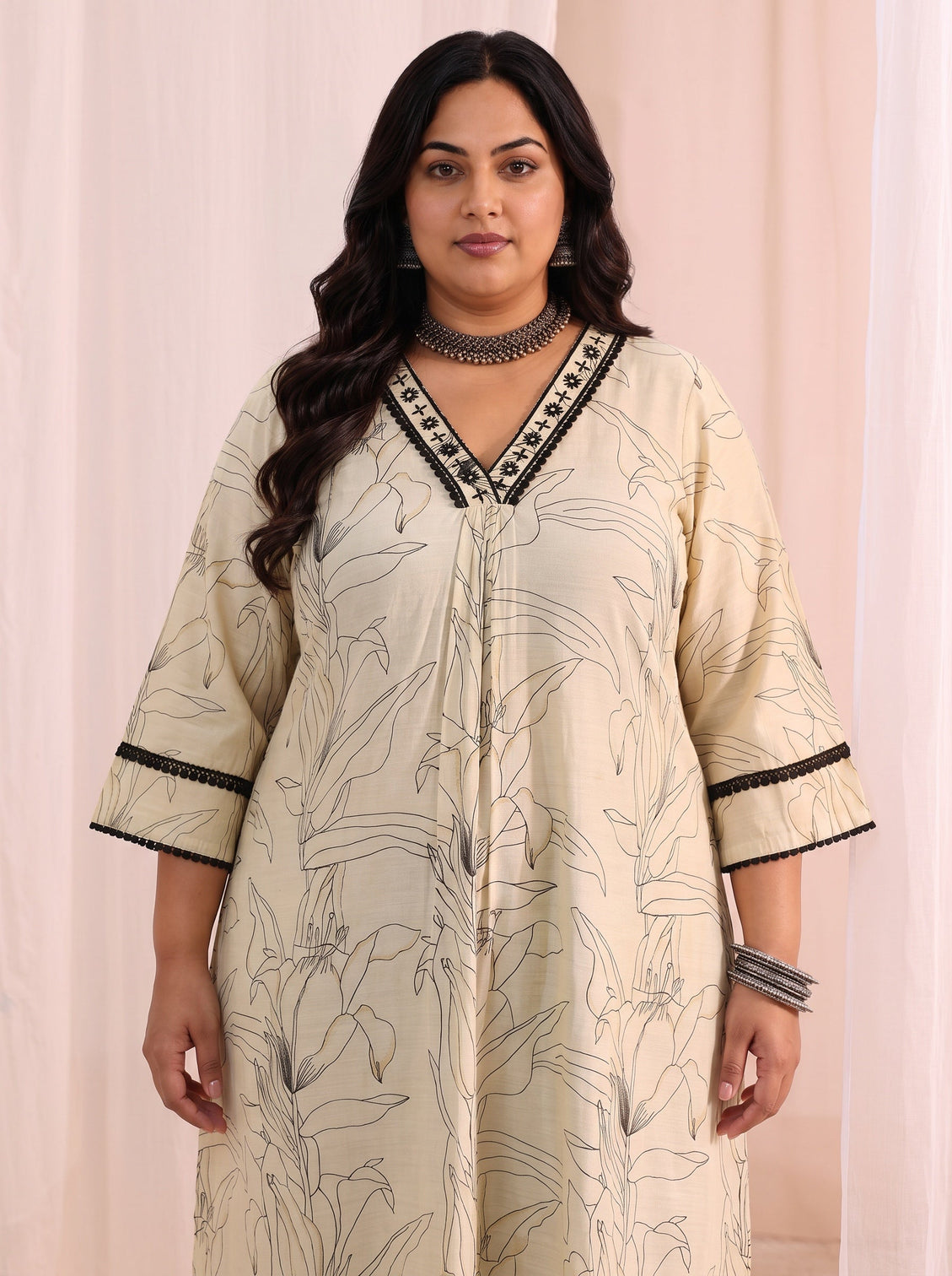 Plus Size Off White Floral Printed Silk Blend A-Line Kurta