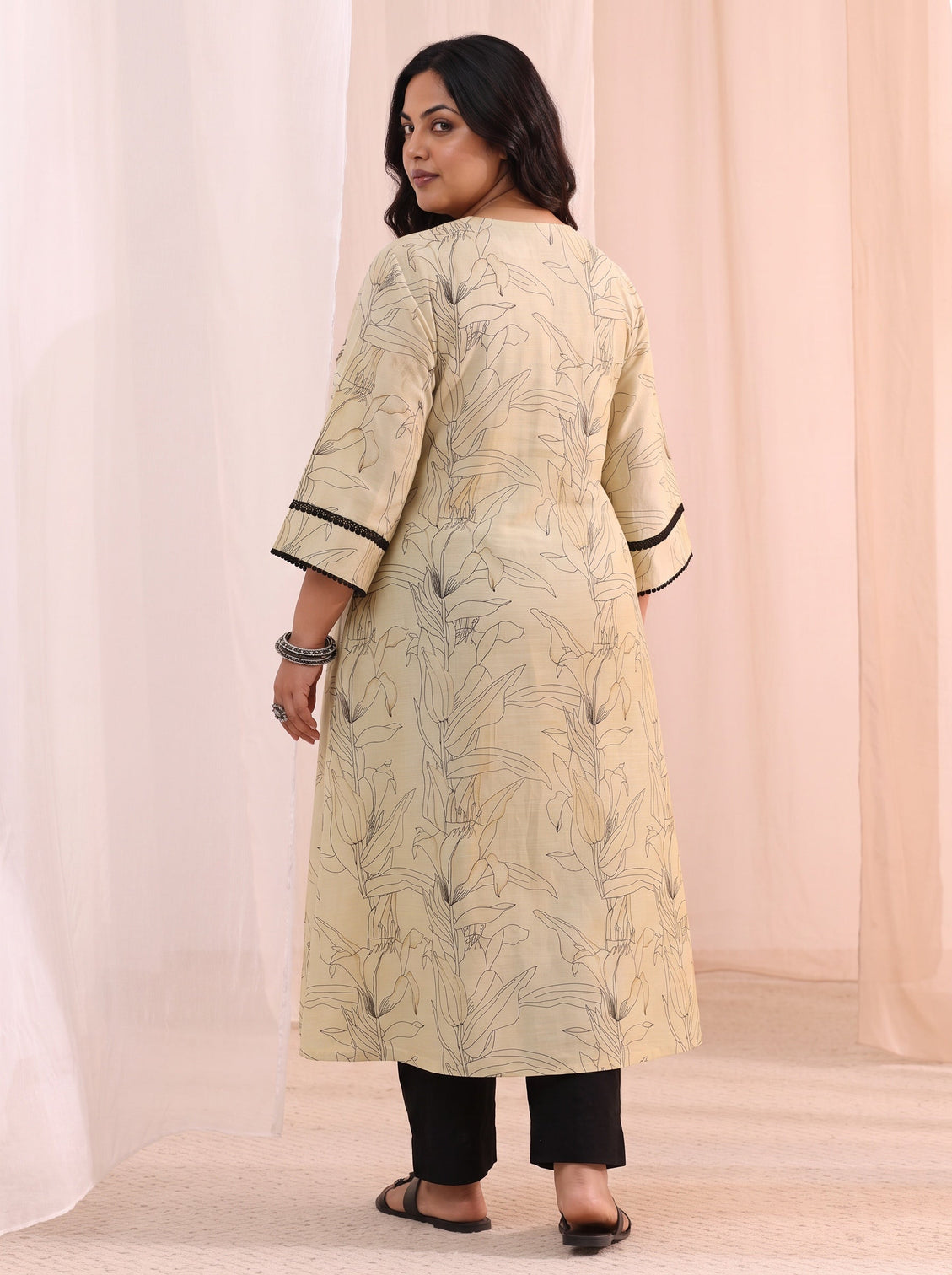 Plus Size Off White Floral Printed Silk Blend A-Line Kurta