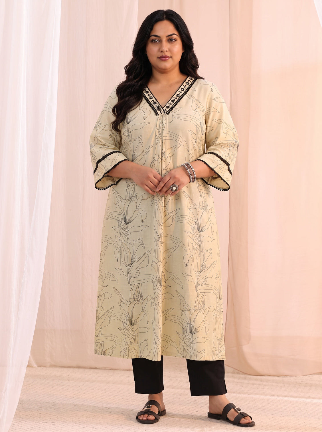 Plus Size Off White Floral Printed Silk Blend A-Line Kurta