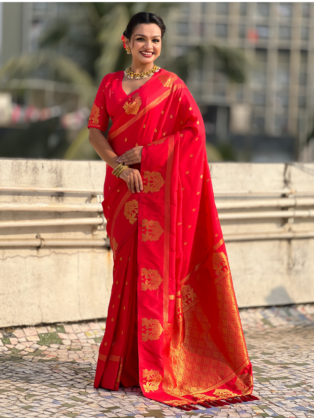 Red soft silk traditional zari woven saree