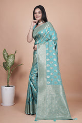 Classic Aqua Green Banarasi Silk Saree with Golden Zari and Peacock Motif