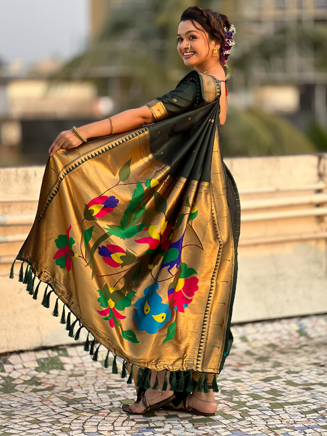 Bottle Green Wedding Special Nauvari Paithani Soft Silk Saree with Zari Woven Polka Motifs and Peacock Pallu