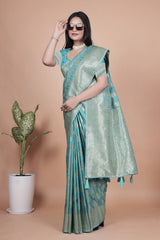 Classic Aqua Green Banarasi Silk Saree with Golden Zari and Peacock Motif