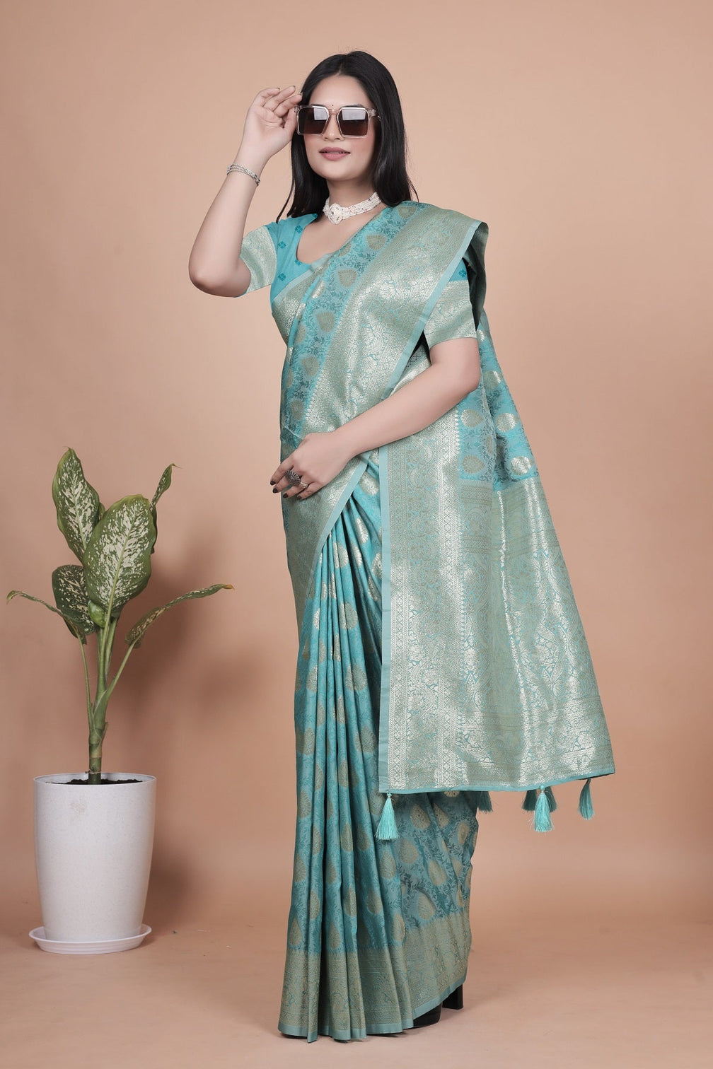 Classic Aqua Green Banarasi Silk Saree with Golden Zari and Peacock Motif