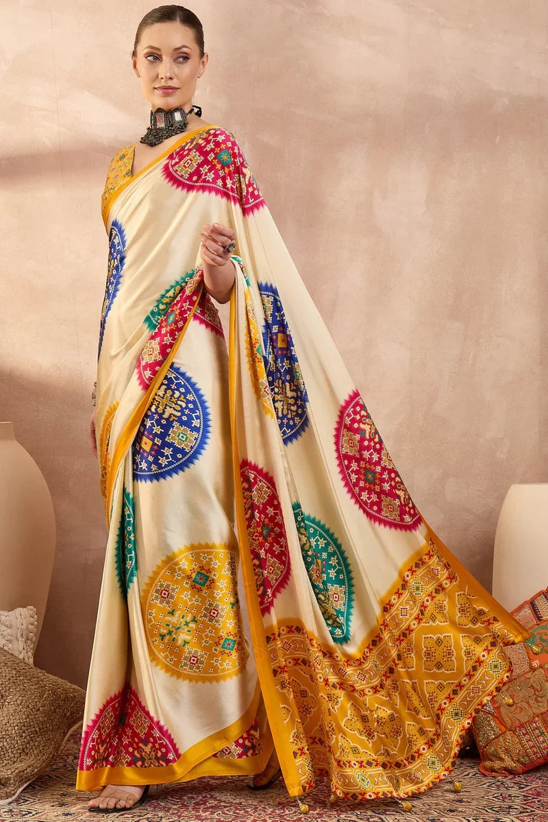 Ivory cream modal silk saree with patola inspired multicolor print mustard designer pallu festive traditional wear saree