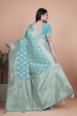 Classic Aqua Green Banarasi Silk Saree with Golden Zari and Peacock Motif