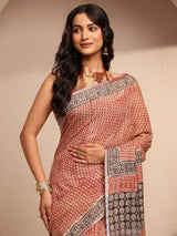 Libas Red Geometric Printed Cotton Saree With Unstitched Blouse Piece
