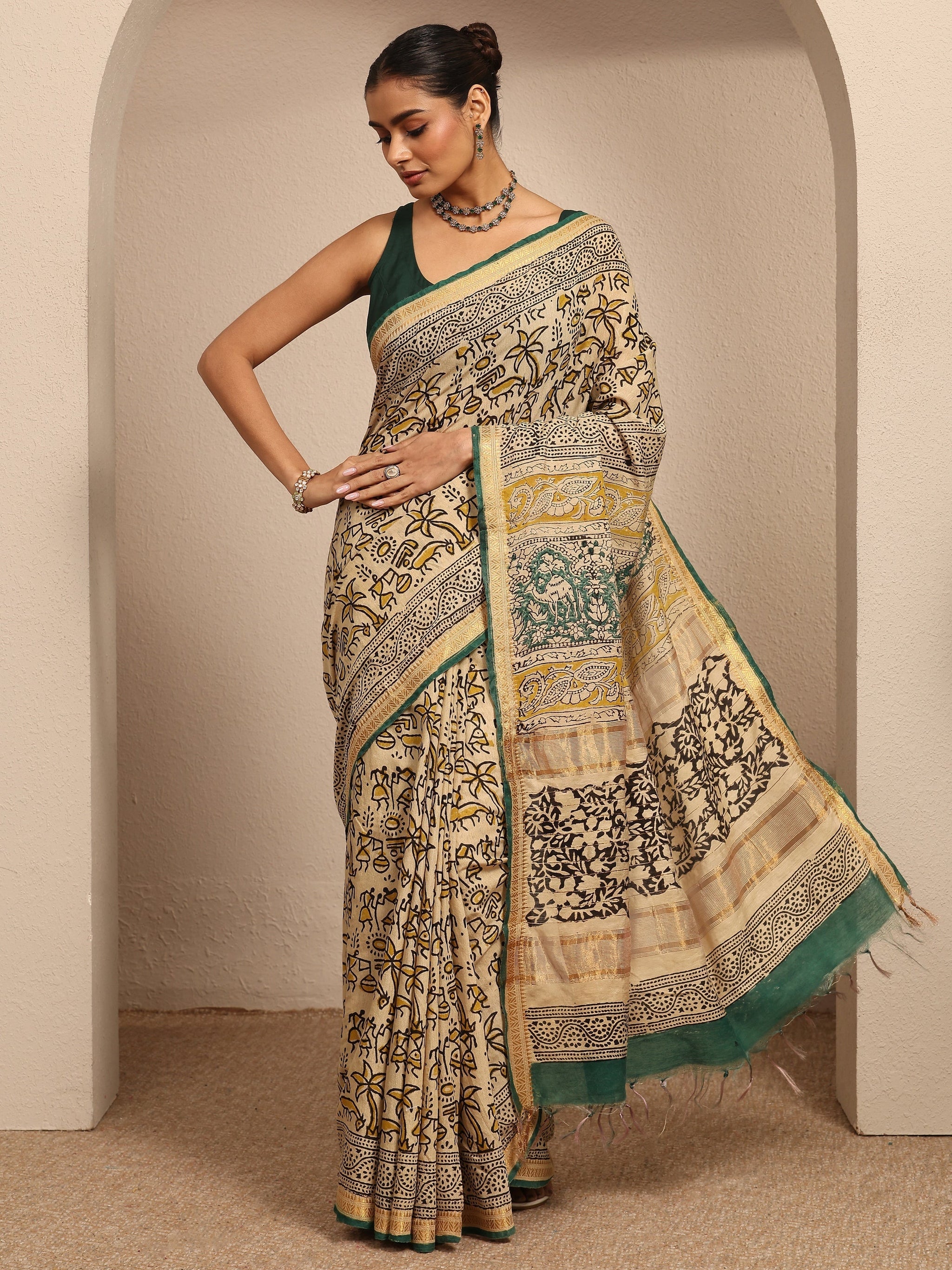 Libas Beige Tribal Printed Cotton Saree With Unstitched Blouse Piece