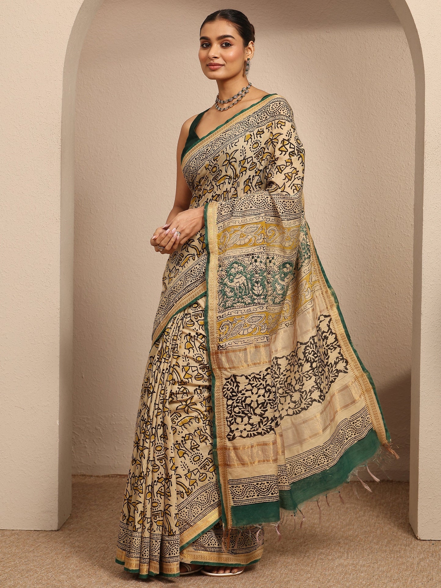 Libas Beige Tribal Printed Cotton Saree With Unstitched Blouse Piece