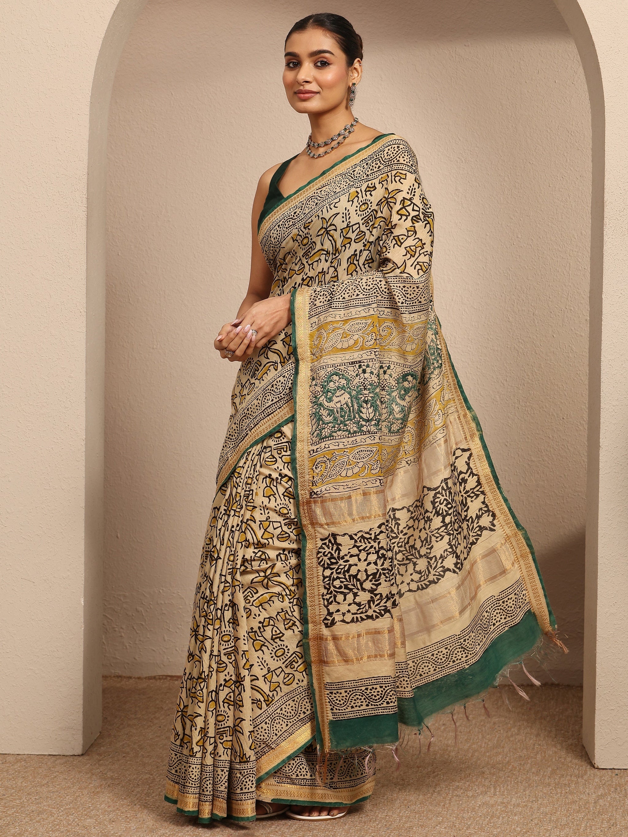 Libas Beige Tribal Printed Cotton Saree With Unstitched Blouse Piece
