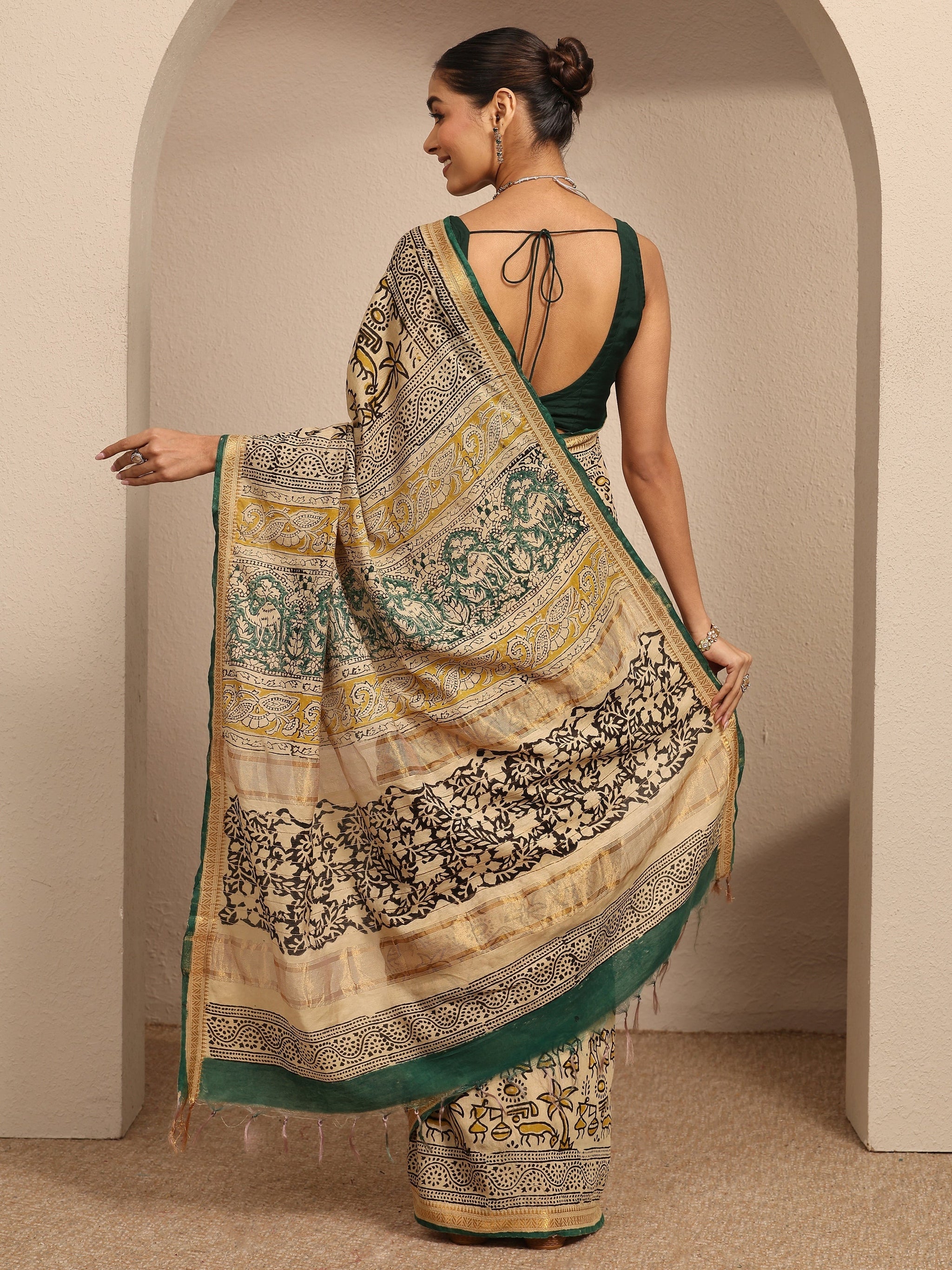 Libas Beige Tribal Printed Cotton Saree With Unstitched Blouse Piece
