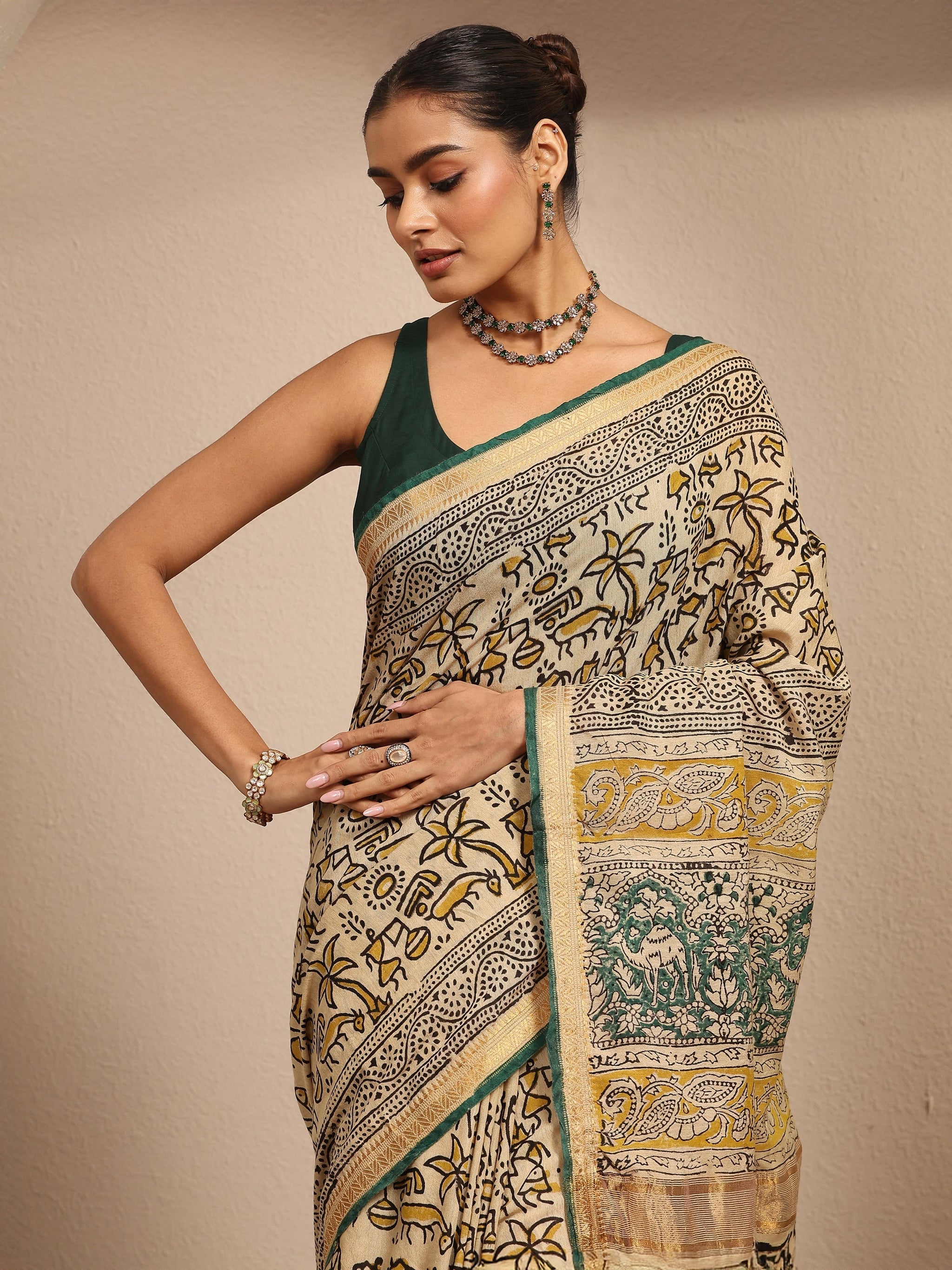 Libas Beige Tribal Printed Cotton Saree With Unstitched Blouse Piece