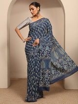 Libas Blue Block Printed Cotton Saree With Unstitched Blouse Piece