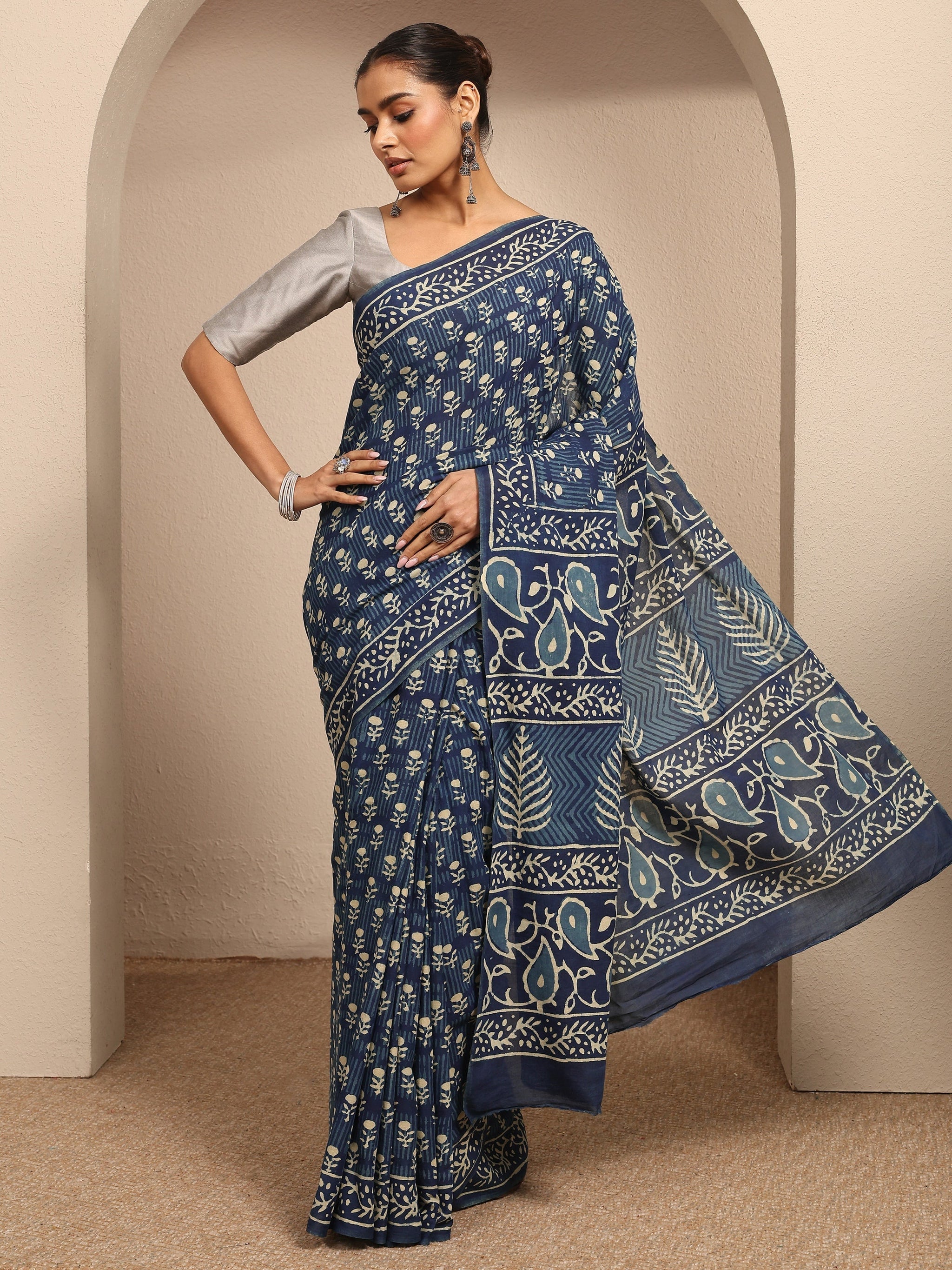 Libas Blue Block Printed Cotton Saree With Unstitched Blouse Piece