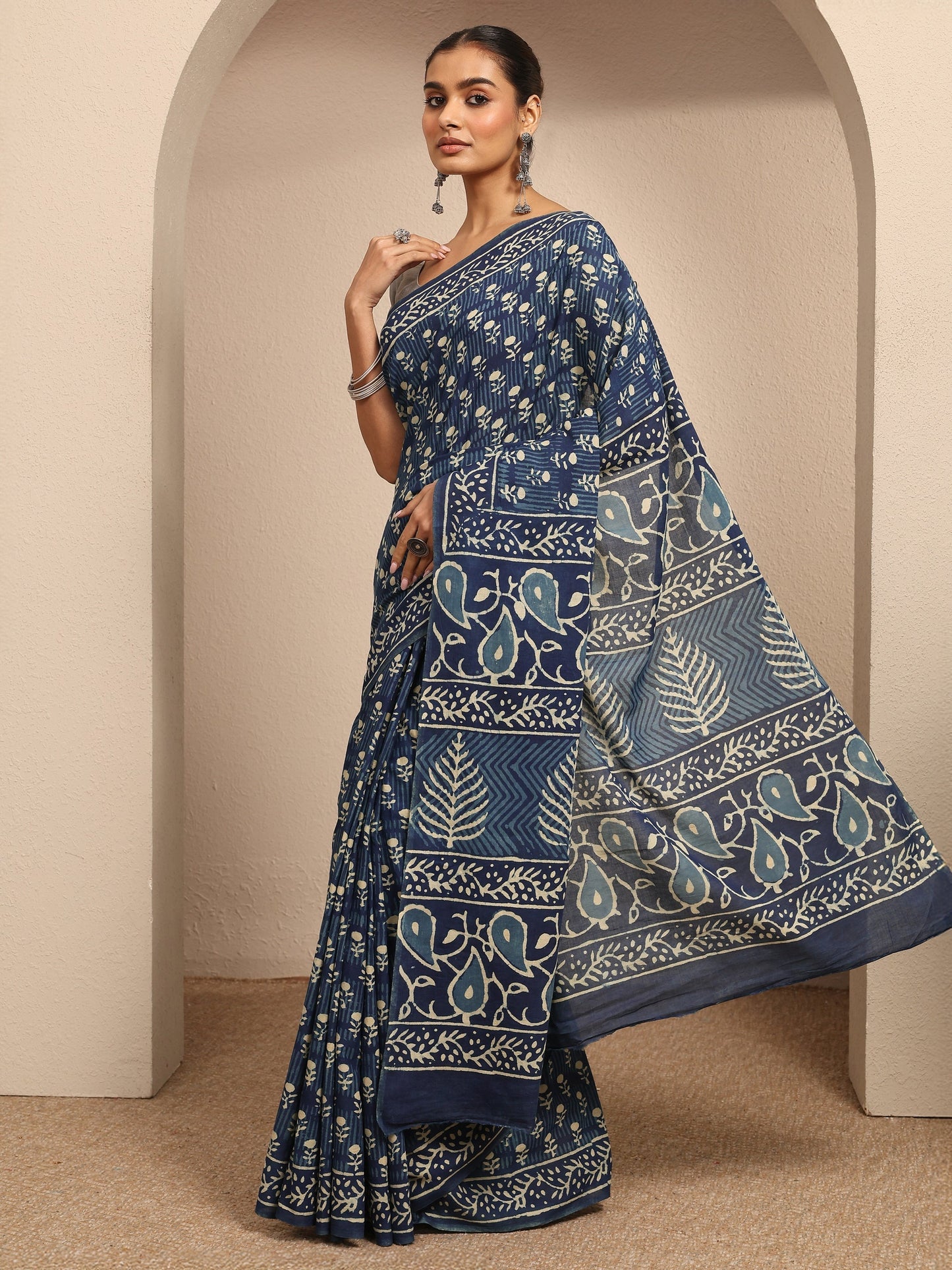 Libas Blue Block Printed Cotton Saree With Unstitched Blouse Piece