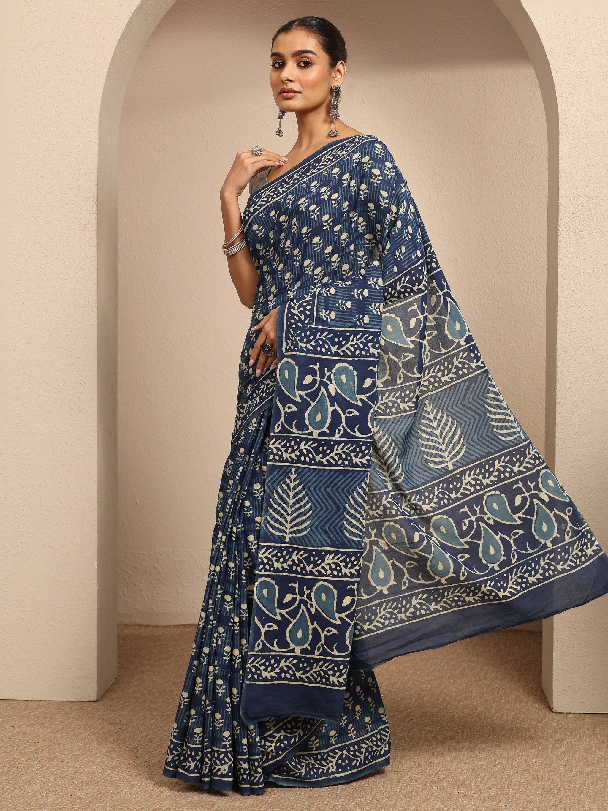Libas Blue Block Printed Cotton Saree With Unstitched Blouse Piece