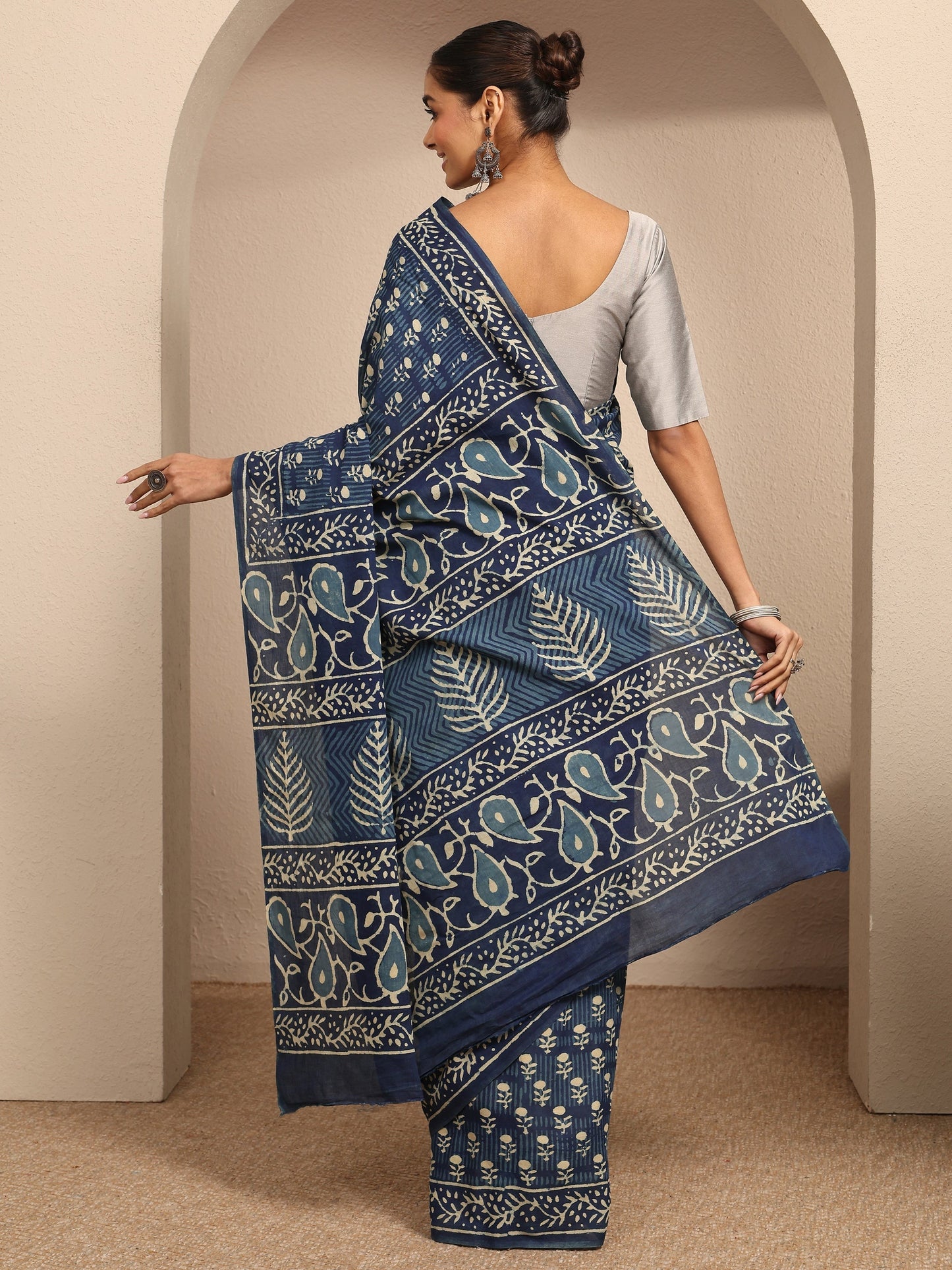 Libas Blue Block Printed Cotton Saree With Unstitched Blouse Piece
