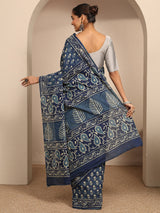 Libas Blue Block Printed Cotton Saree With Unstitched Blouse Piece