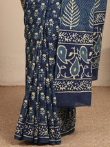 Libas Blue Block Printed Cotton Saree With Unstitched Blouse Piece