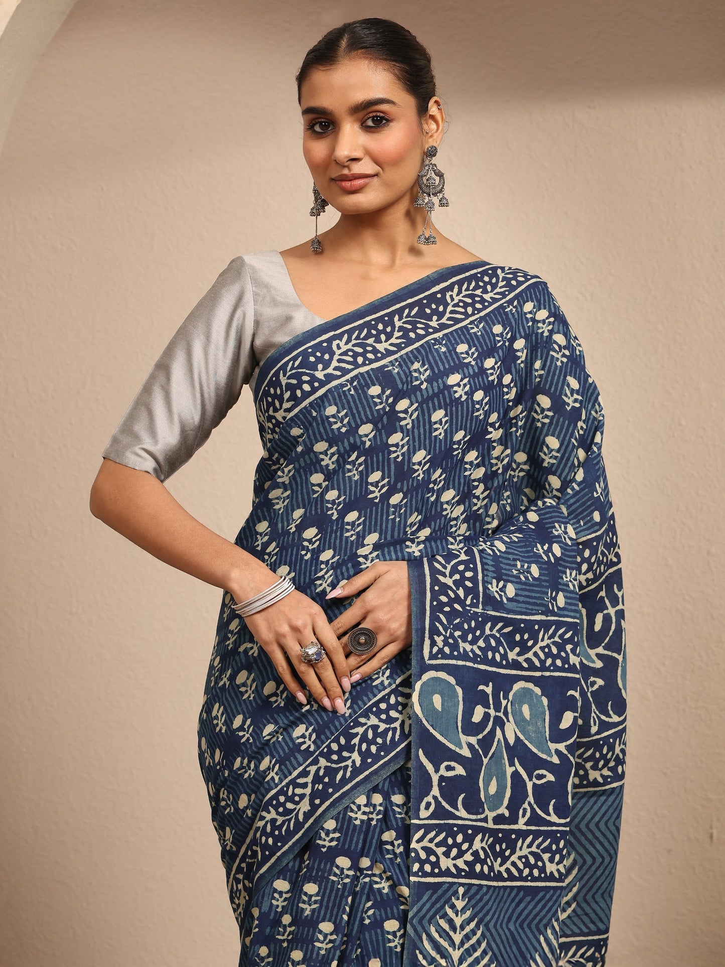 Libas Blue Block Printed Cotton Saree With Unstitched Blouse Piece