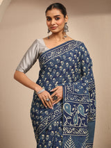 Libas Blue Block Printed Cotton Saree With Unstitched Blouse Piece