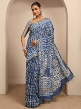Libas Blue Ikat Printed Cotton Saree With Unstitched Blouse Piece