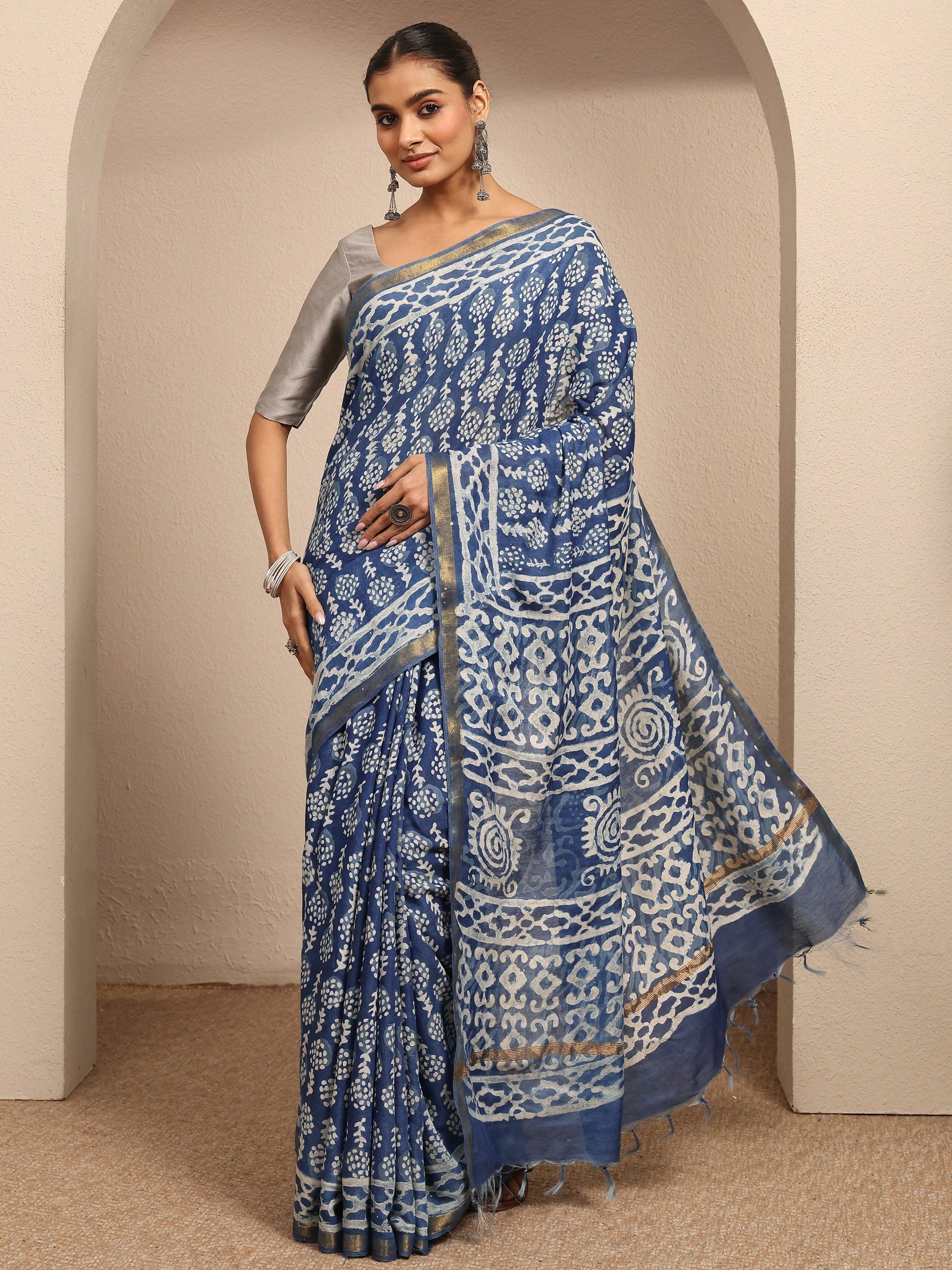 Libas Blue Ikat Printed Cotton Saree With Unstitched Blouse Piece