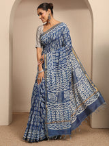 Libas Blue Ikat Printed Cotton Saree With Unstitched Blouse Piece