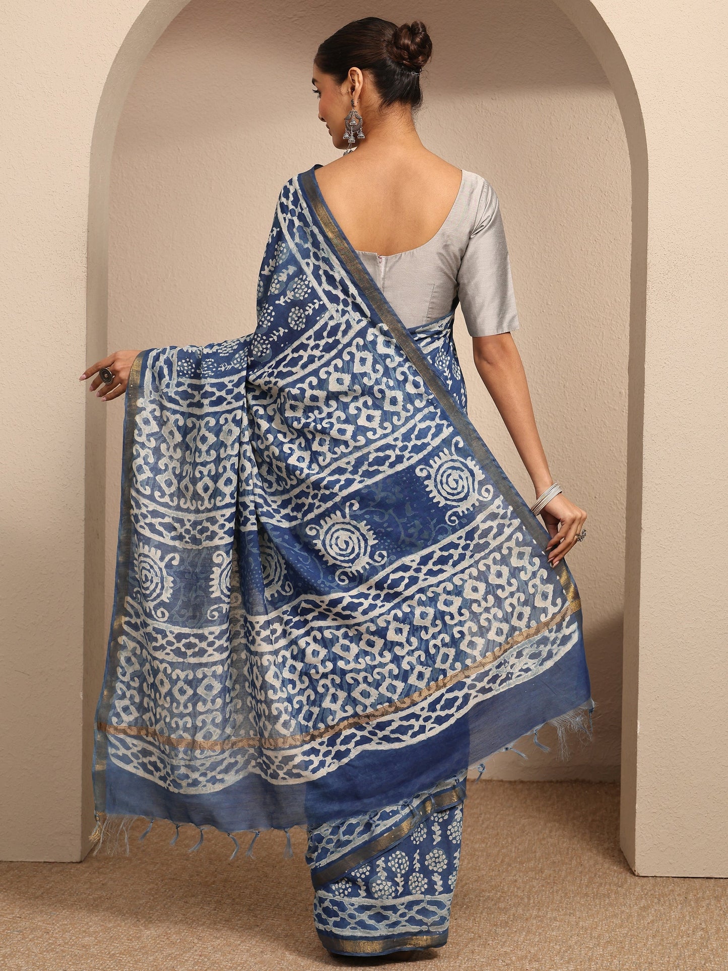 Libas Blue Ikat Printed Cotton Saree With Unstitched Blouse Piece