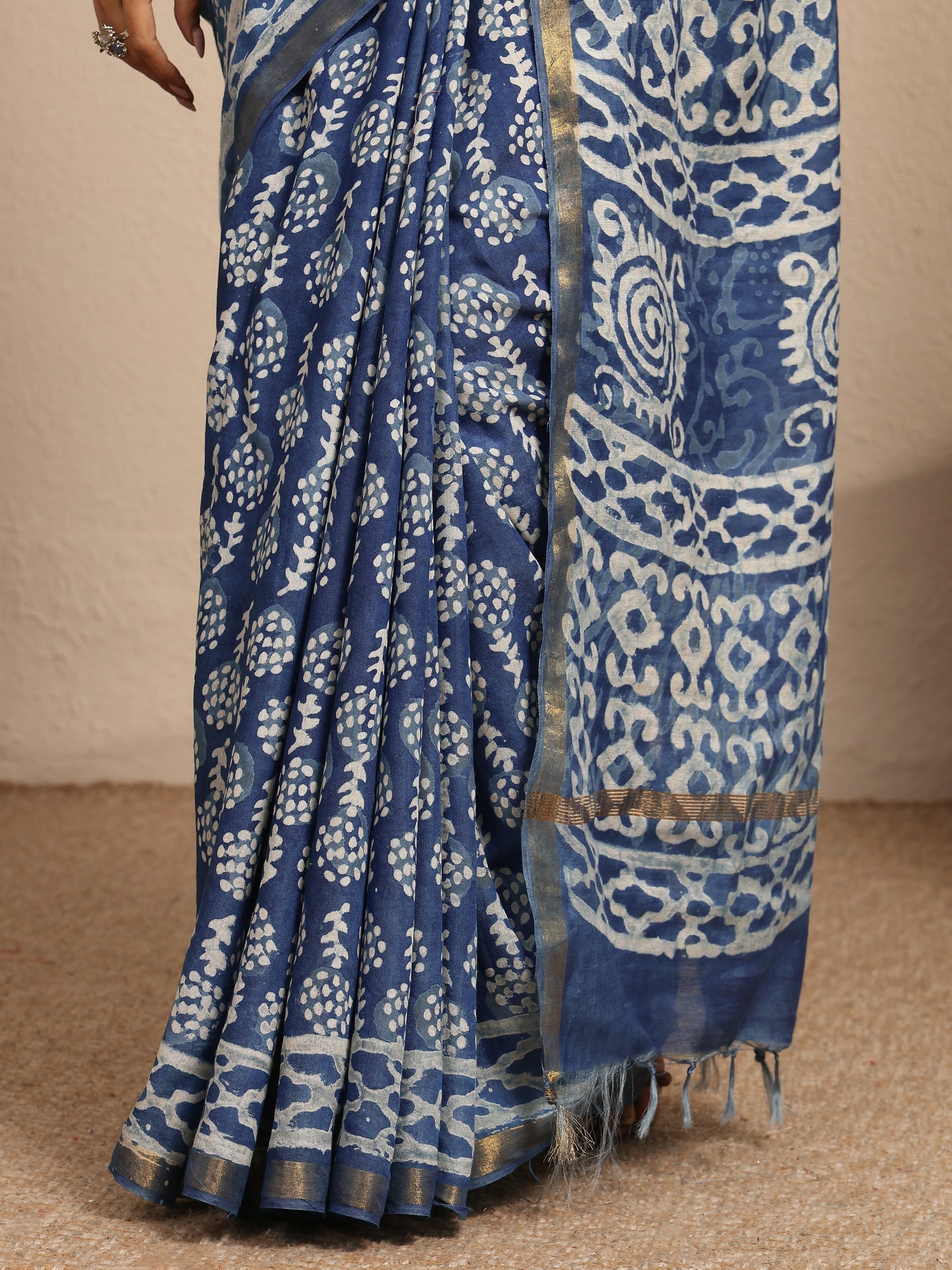 Libas Blue Ikat Printed Cotton Saree With Unstitched Blouse Piece