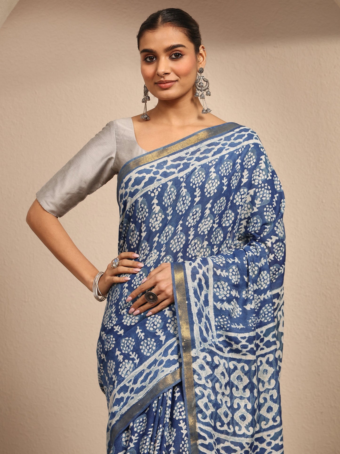 Libas Blue Ikat Printed Cotton Saree With Unstitched Blouse Piece