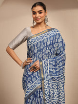 Libas Blue Ikat Printed Cotton Saree With Unstitched Blouse Piece