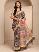 Libas Black Printed Cotton Saree With Unstitched Blouse Piece