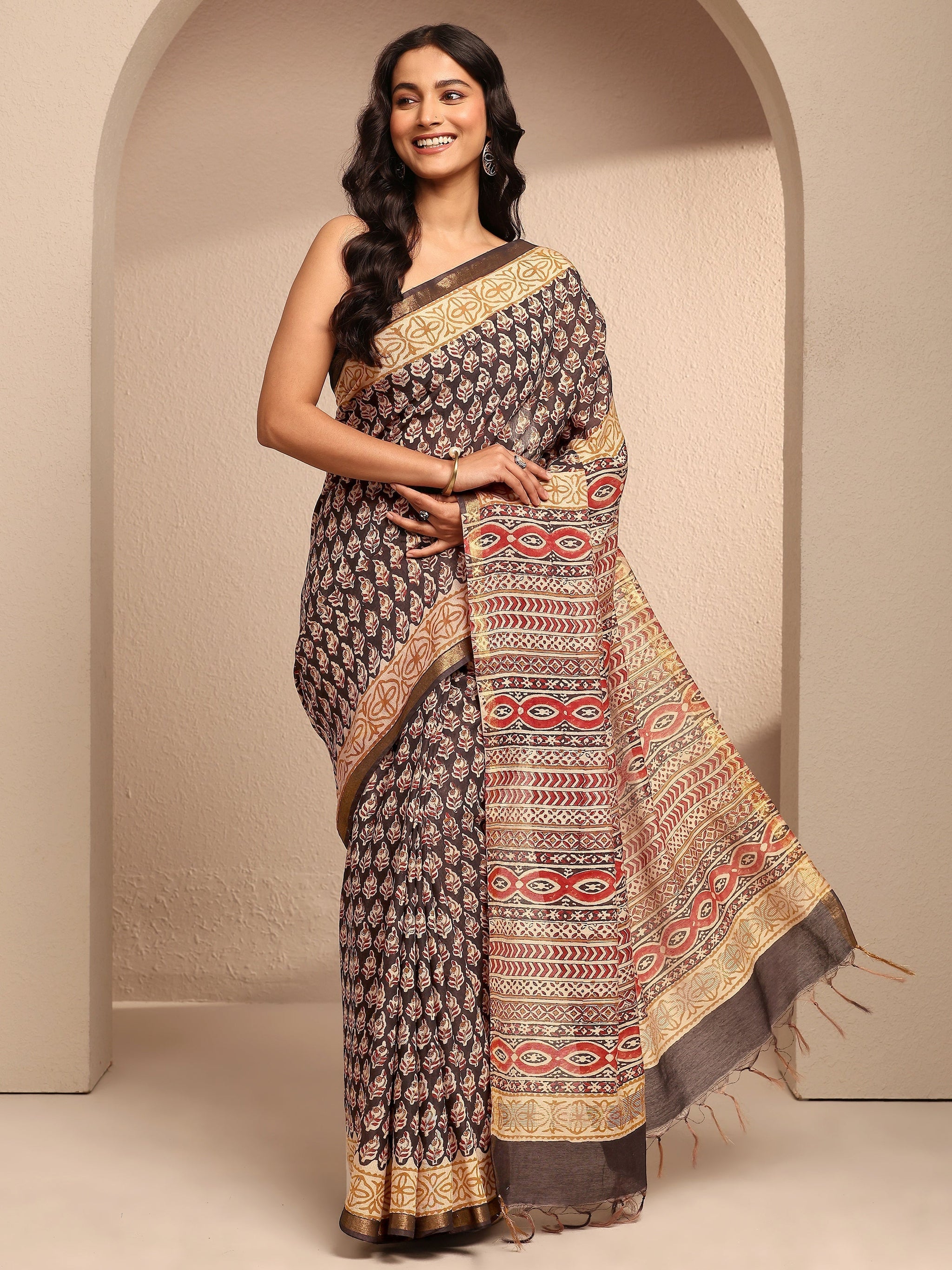 Libas Black Printed Cotton Saree With Unstitched Blouse Piece