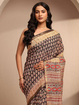 Libas Black Printed Cotton Saree With Unstitched Blouse Piece