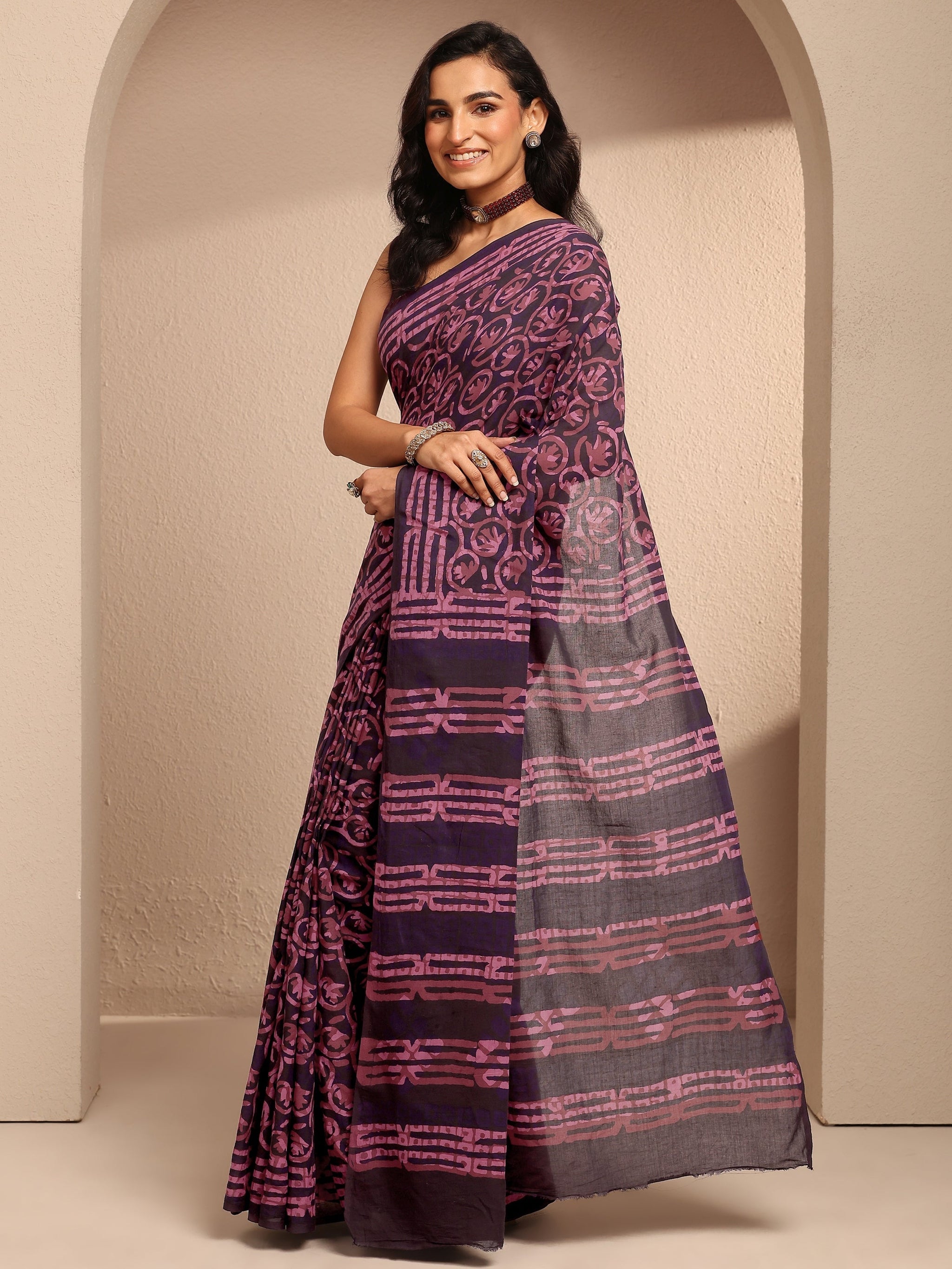 Libas Burgundy Printed Cotton Saree With Unstitched Blouse Piece