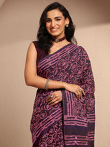Libas Burgundy Printed Cotton Saree With Unstitched Blouse Piece
