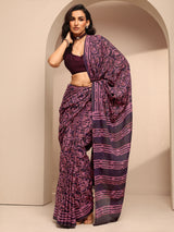 Libas Burgundy Printed Cotton Saree With Unstitched Blouse Piece