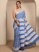 Libas Blue Chevron Printed Cotton Saree With Unstitched Blouse Piece