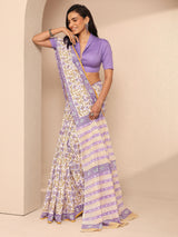 Libas White Printed Cotton Saree With Unstitched Blouse Piece