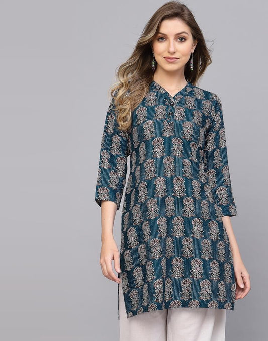 Teal Printed Short Kurti