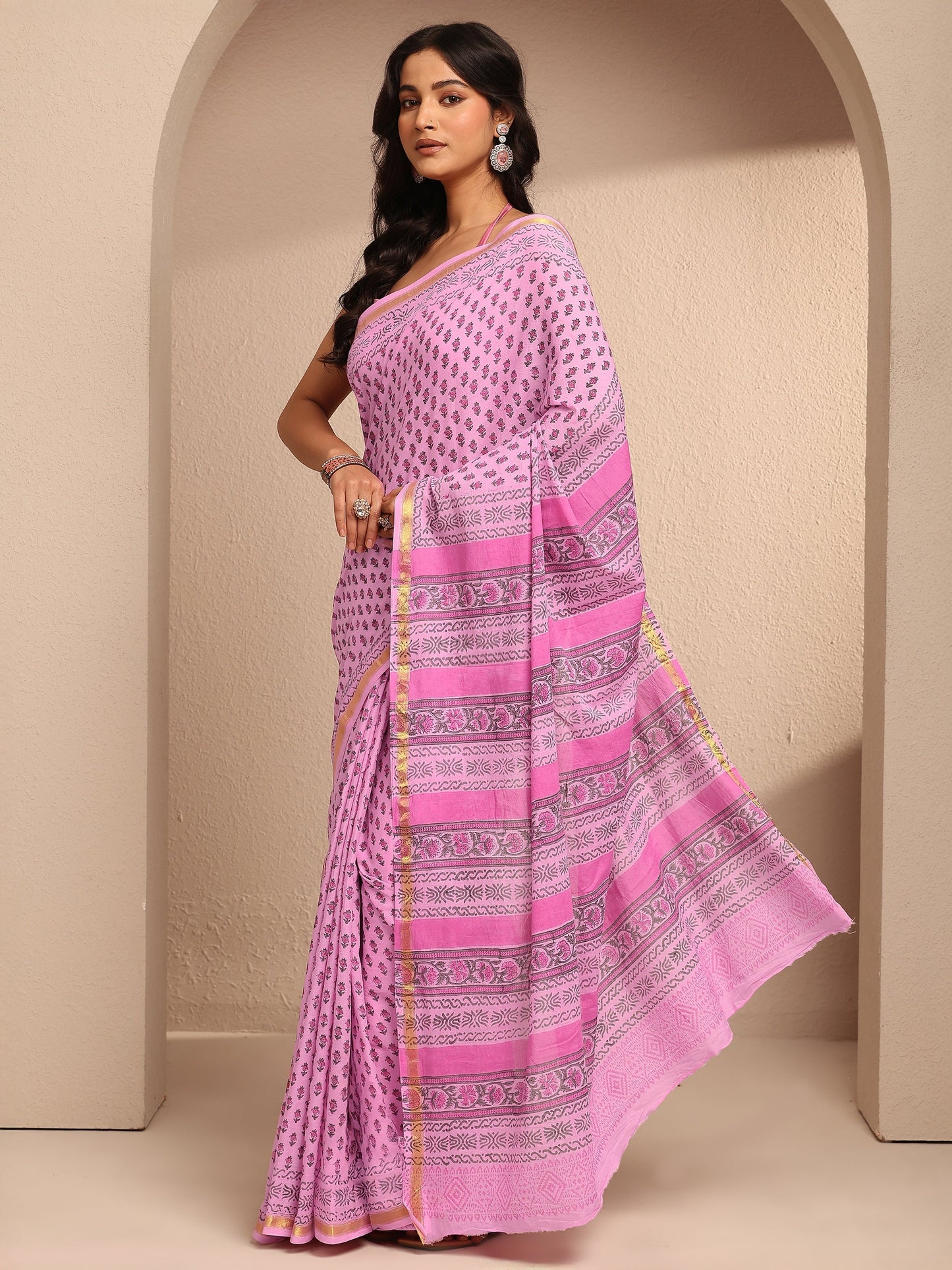 Libas Pink Printed Cotton Saree With Unstitched Blouse Piece