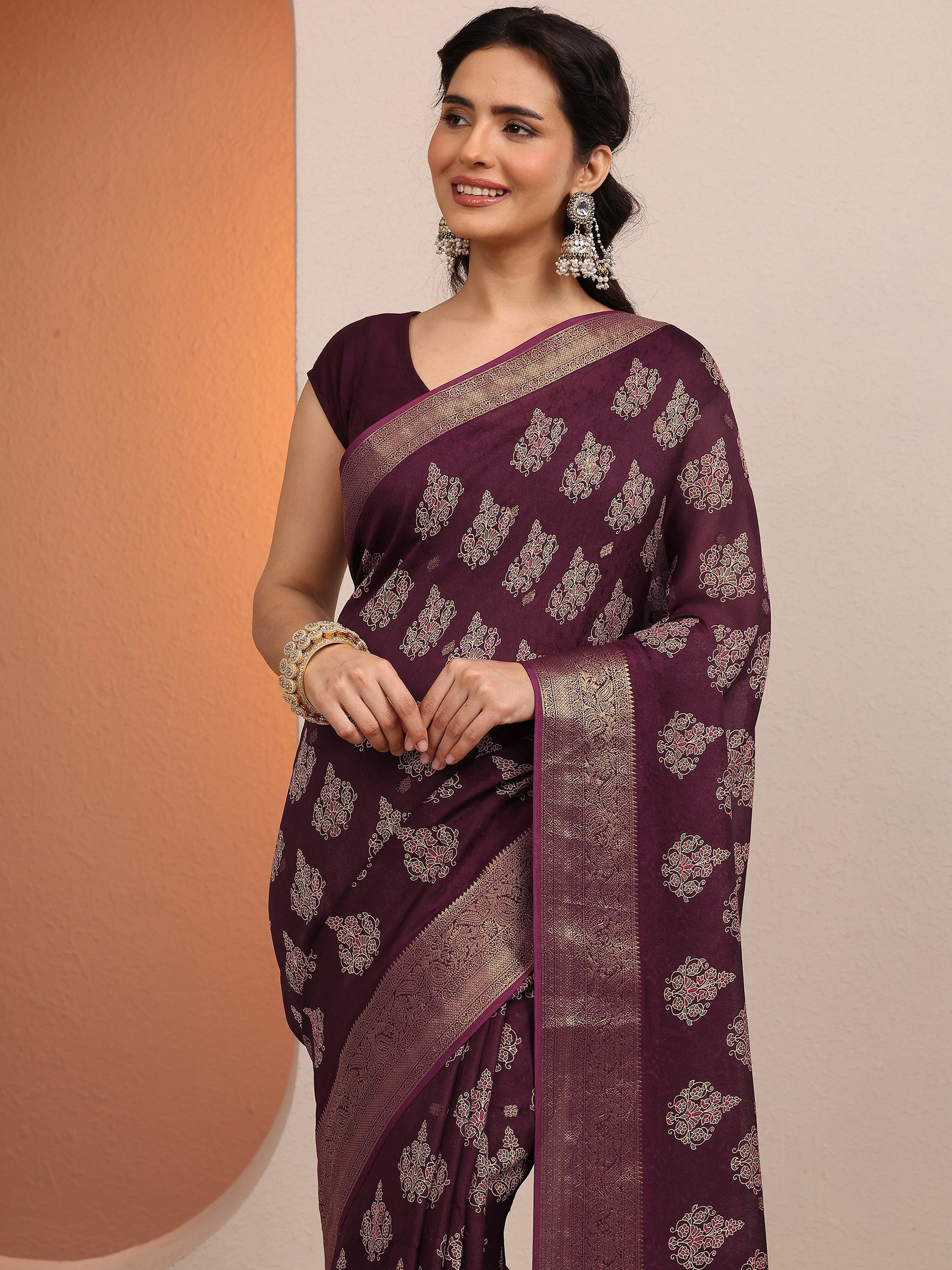 Libas Maroon Printed Silk Blend Saree With Unstitched Blouse Piece
